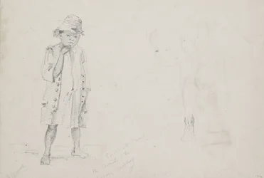 Hellængdestudie af en lille dreng med svage studier af ansigtet og venstre ben set bagfra, 1852 (blyant med pen og blæk på papir)